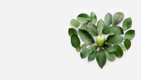 Green apple and green leaves on white background. Flat lay, top viewの素材