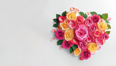 Colorful roses in heart shape on white background. Top view.の素材