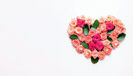 Heart of pink roses on white background. Valentine's day concept.の素材