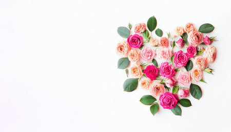 Flowers composition. Frame made of pink roses on white background. Flat lay, top view, copy spaceの素材