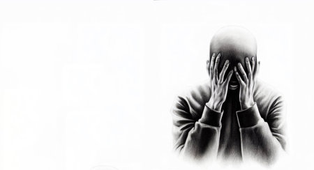 Hooded man covering his face with his hands on white backgroundの素材