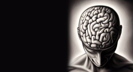 Human brain in black and white background. 3D illustration. Copy space.の素材