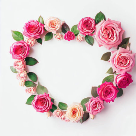Flowers composition. Frame made of pink roses on white background. Flat lay, top view, copy spaceの素材