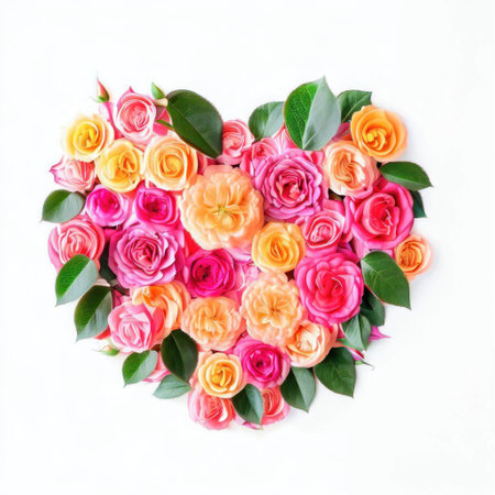 Heart shape made of colorful roses on white background. Top view.の素材