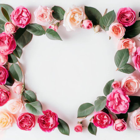 Flowers composition. Frame made of pink roses on white background. Flat lay, top view, copy spaceの素材