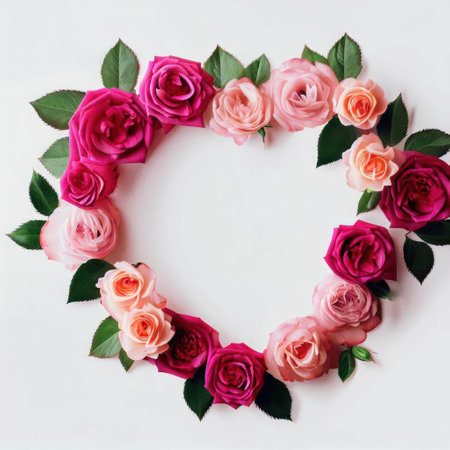 Flowers composition. Frame made of pink roses on white background. Flat lay, top view, copy spaceの素材