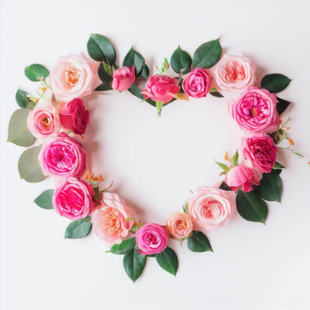 Flowers composition. Frame made of pink roses on white background. Flat lay, top view, copy spaceの素材