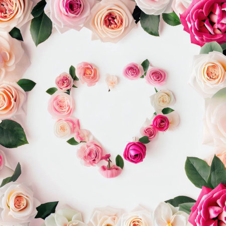 Flowers composition. Frame made of pink roses on white background. Flat lay, top view, copy spaceの素材