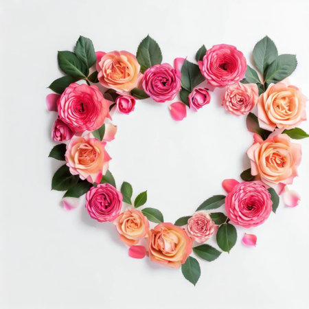 Heart shape made of pink and orange roses with green leaves on white backgroundの素材