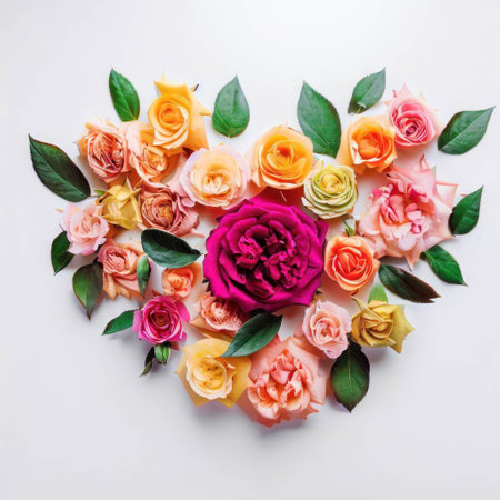 Heart made of colorful roses on white background. Flat lay, top viewの素材
