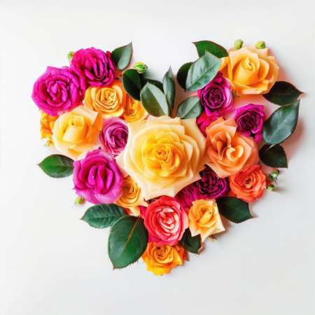 Heart shape made of multi-colored roses on a white background.の素材