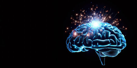 Human brain with glowing lightbulb on black background. 3D renderingの素材