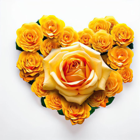 Heart shape made of yellow roses on white background. Top view.の素材