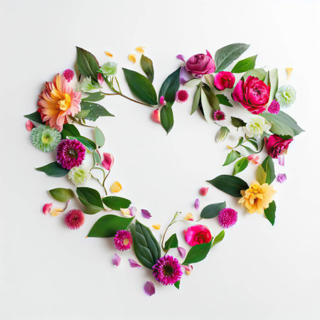 Flowers in shape of heart on white background. Flat lay, top viewの素材
