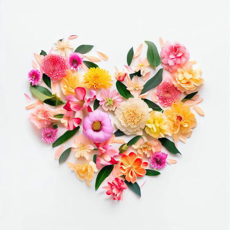 Heart made of flowers on white background. Flat lay, top viewの素材