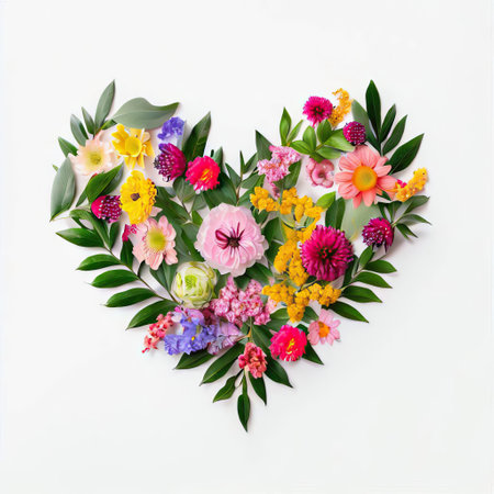 Colorful spring flowers in the shape of a heart on white backgroundの素材