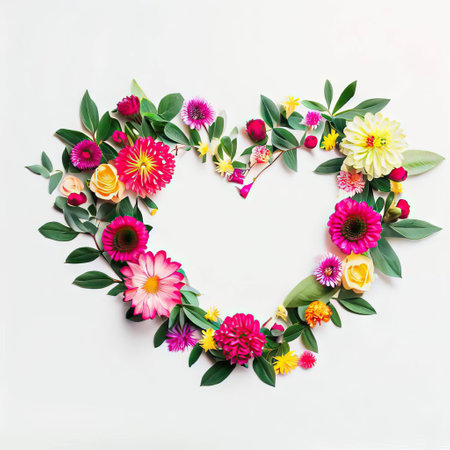 Heart made of colorful flowers on white background. Flat lay, top viewの素材