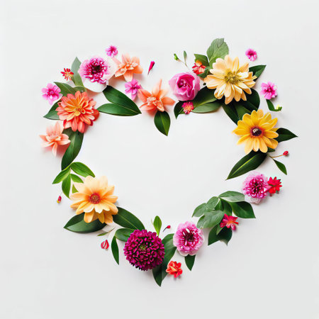 Flowers composition. Heart made of flowers on white background. Flat lay, top view, copy spaceの素材