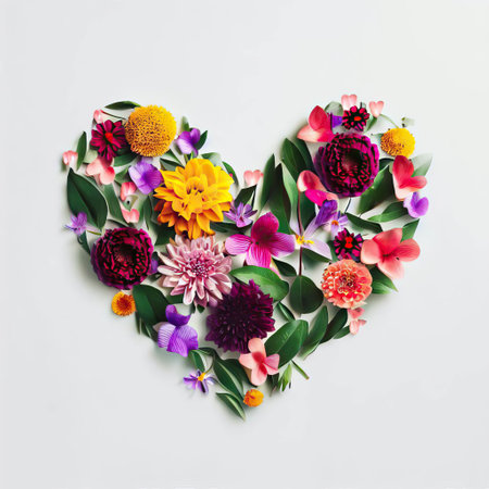 Flowers composition. Heart made of flowers on white background. Flat lay, top view, copy spaceの素材
