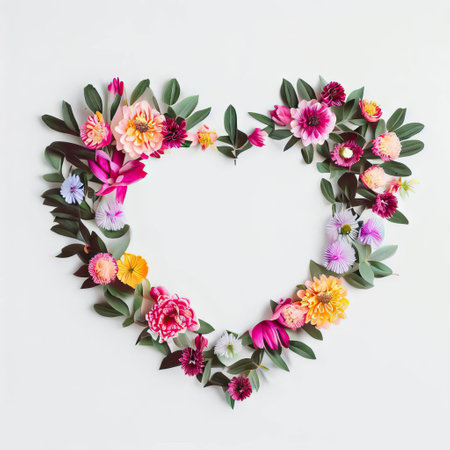 Flowers in heart shape on white background. Flat lay, top viewの素材