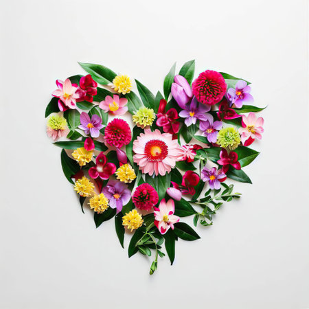Colorful flowers in the shape of a heart on a white backgroundの素材