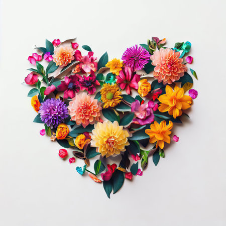 Heart shape made of colorful flowers on white background. Flat lay, top viewの素材