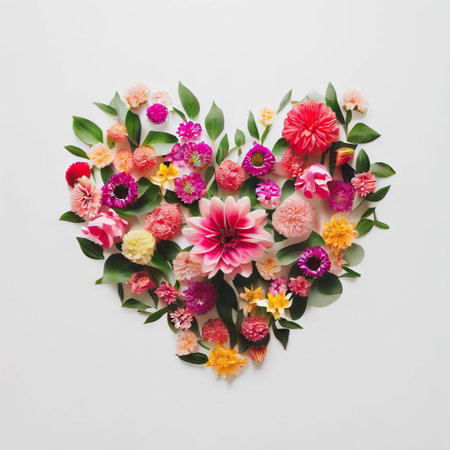 Heart made of flowers on white background. Flat lay, top viewの素材