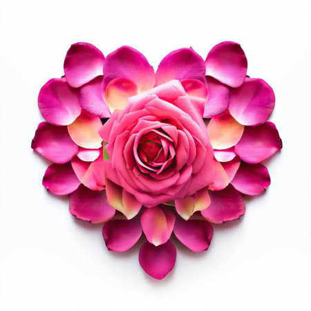 Pink rose and petals in the form of heart on white backgroundの素材