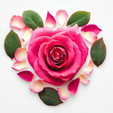 Pink rose with petals on white background. Flat lay, top viewの素材