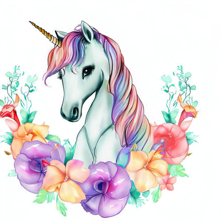 Unicorn with flowers on a white background. Vector illustration.の素材