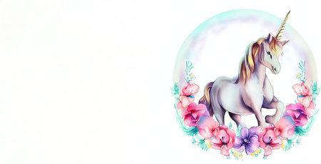 Unicorn with flowers. Watercolor illustration on white background.の素材