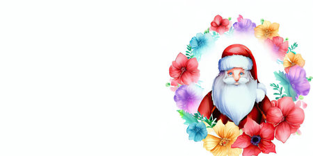 Christmas card with Santa Claus, flowers and leaves on white background.の素材