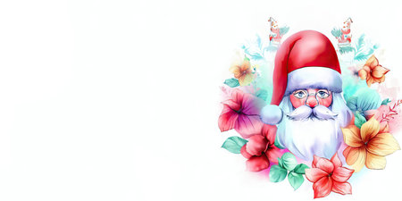 Happy New Year and Merry Christmas greeting card with Santa Claus and flowers.の素材