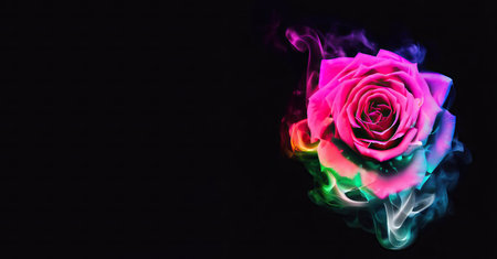 Colorful smoke in the form of a rose on a black backgroundの素材