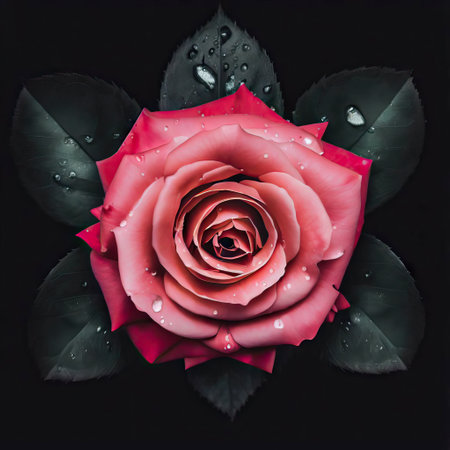 Beautiful pink rose with water drops on a black background, top viewの素材