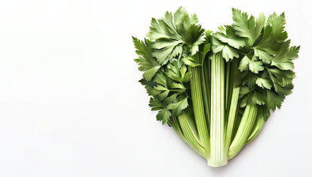 Fresh celery on white background. Top view, copy space.の素材