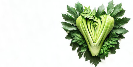 Fresh celery leaves on white background, top view, copy spaceの素材