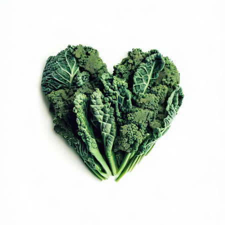 Heart shaped green kale leaves isolated on white background. Top view.の素材