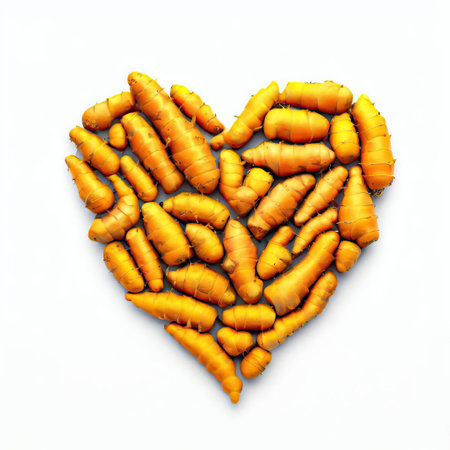 Heart shape of fresh turmeric on white background. 3d illustrationの素材