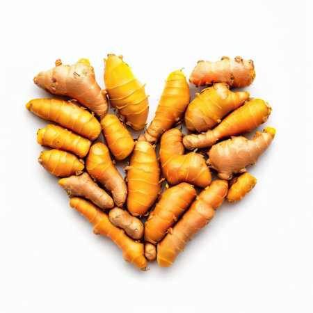 Turmeric root in heart shape on white background. Top view.の素材