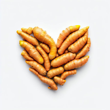 Fresh turmeric root in heart shape on white background, top viewの素材