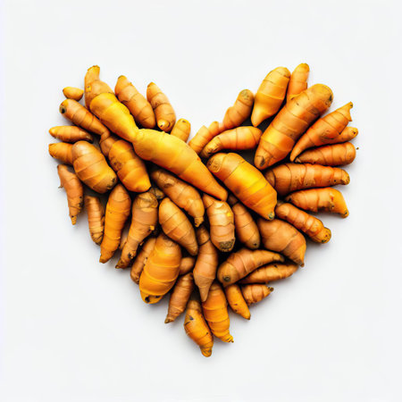 Fresh turmeric in the shape of a heart on white background.の素材