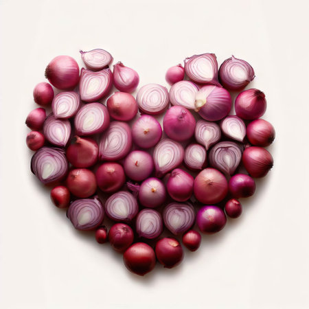 Heart made of red onions on a white background. Top view.の素材