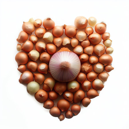 onion and shallot in the shape of heart on white backgroundの素材