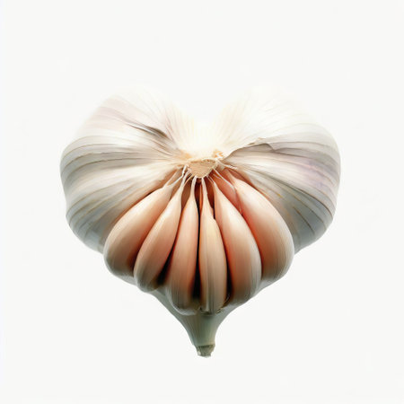 Garlic in the shape of a heart on a white background.の素材