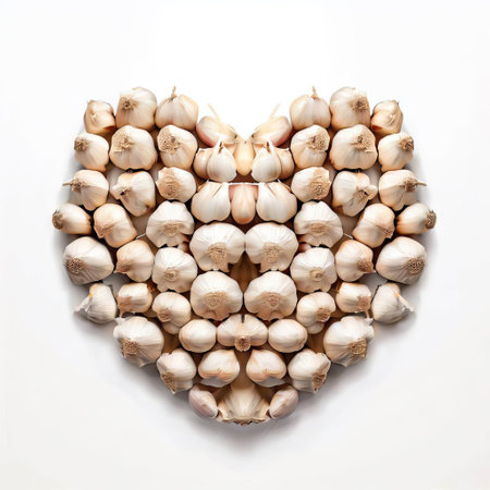 Garlic heart on white background. Top view. Flat lay.の素材