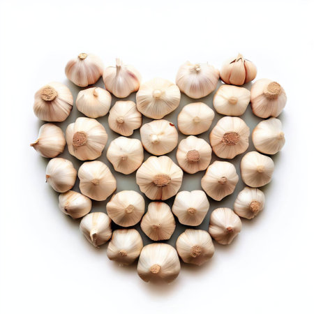 Garlic in the shape of a heart on a white background.の素材