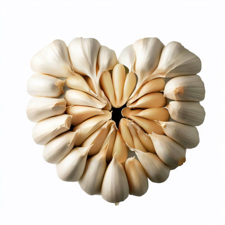 Garlic in the shape of a heart on a white background.の素材
