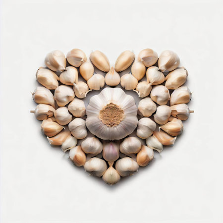 Garlic and garlic cloves in the shape of a heart on a white backgroundの素材