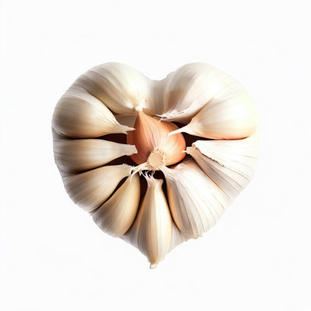 Garlic in heart shape isolated on white background with clipping path.の素材